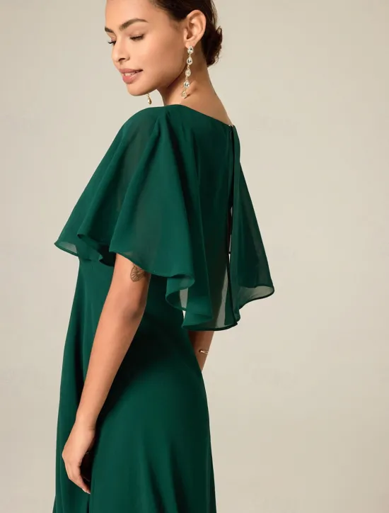 New Women's Wedding Guest Cocktail Dress Chiffon Ruffle Elegant Formal Midi A Line Dress Crew Neck Short Sleeve Flared Sleeve Color Women Cocktail Dress|Chiffon Dresses