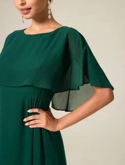 New Women's Wedding Guest Cocktail Dress Chiffon Ruffle Elegant Formal Midi A Line Dress Crew Neck Short Sleeve Flared Sleeve Color Women Cocktail Dress|Chiffon Dresses
