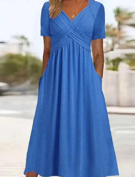 Women's A Line Dress Maxi Dress Pocket Basic Casual V Neck Short Sleeve Black Red Blue Color Women Casual Dress