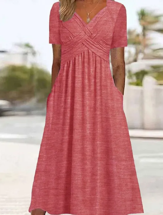 Women's A Line Dress Maxi Dress Pocket Basic Casual V Neck Short Sleeve Black Red Blue Color Women Casual Dress