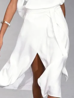 Online Women's A Line Dress Midi Dress White Dress Split Spring Summer cold shoulder Personalized Stylish Elegant Loose Women White Dresses