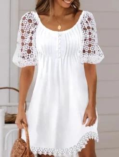 Best Women's A Line Dress Mini Dress Lace Button Date Vacation Elegant Crew Neck Short Sleeve Lantern Sleeve Color Women White Dresses