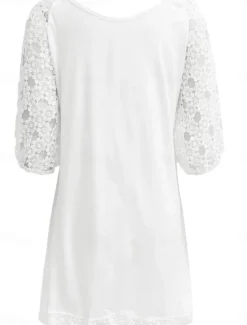 Best Women's A Line Dress Mini Dress Lace Button Date Vacation Elegant Crew Neck Short Sleeve Lantern Sleeve Color Women White Dresses