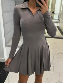 Best Women's A Line Dress Mini Dress Ruffle Date Vacation Elegant Lapel Long Sleeve Black Coffee Gray Color Women Casual Dress