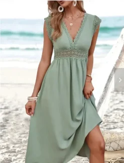 Discount Women's A Line Dress Plain Dress Midi Dress Zipper Eyelet Elegant Hawaiian V Neck Short Sleeve Color Women Casual Dress