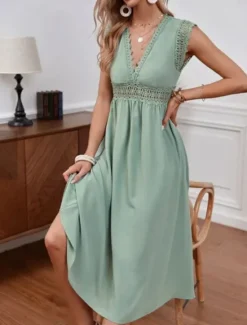 Discount Women's A Line Dress Plain Dress Midi Dress Zipper Eyelet Elegant Hawaiian V Neck Short Sleeve Color Women Casual Dress