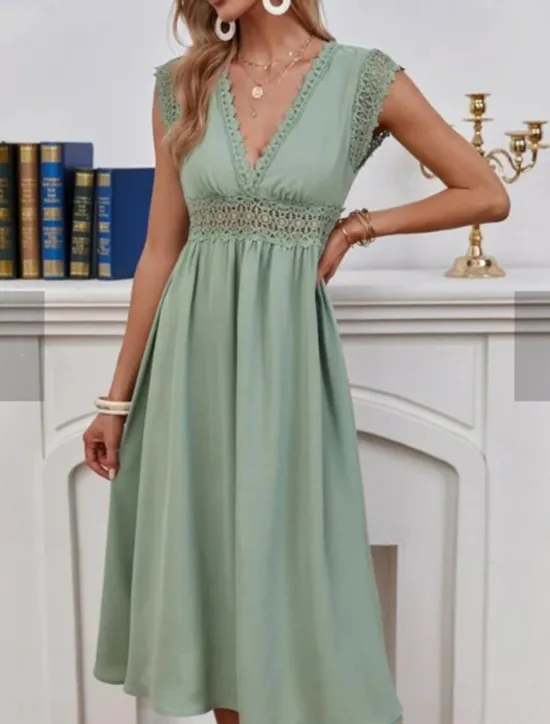 Discount Women's A Line Dress Plain Dress Midi Dress Zipper Eyelet Elegant Hawaiian V Neck Short Sleeve Color Women Casual Dress