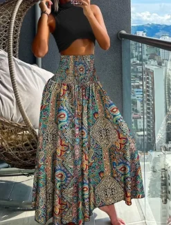 Discount Women's A Line Maxi Skirts Print Gradient Vacation Summer Boho Black Pink Blue Orange Women Skirts