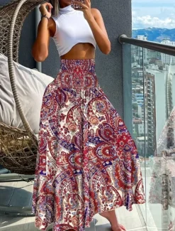 Discount Women's A Line Maxi Skirts Print Gradient Vacation Summer Boho Black Pink Blue Orange Women Skirts