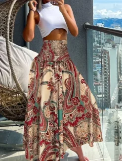 Discount Women's A Line Maxi Skirts Print Gradient Vacation Summer Boho Black Pink Blue Orange Women Skirts