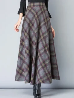 Discount Women's A Line Plaid Skirt Maxi High Waist Skirts Pocket Long Color Block Plaid Checkered Daily Date Spring & Fall Twilled Satin Elegant Retro Vintage Blue Grey Women Skirts
