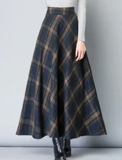 Discount Women's A Line Plaid Skirt Maxi High Waist Skirts Pocket Long Color Block Plaid Checkered Daily Date Spring & Fall Twilled Satin Elegant Retro Vintage Blue Grey Women Skirts