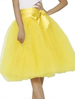 Discount Women's A Line Tutu Tulle Skirt Princess Above Knee High Waist Skirts Solid Colored Pleated Flowy Micro-elastic Vacation Party Evening Wear Yellow Rose Red Summer Polyester Tulle Women Skirts