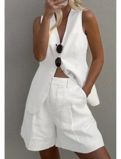 Outlet Women's Active Basic Blouse Shorts Sets Sleeveless V Neck Solid Color Dubbele Rij Knopen Casual Daily Weekend Black White Brown Summer Regular Fit Women Two Piece Sets