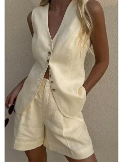 Outlet Women's Active Basic Blouse Shorts Sets Sleeveless V Neck Solid Color Dubbele Rij Knopen Casual Daily Weekend Black White Brown Summer Regular Fit Women Two Piece Sets