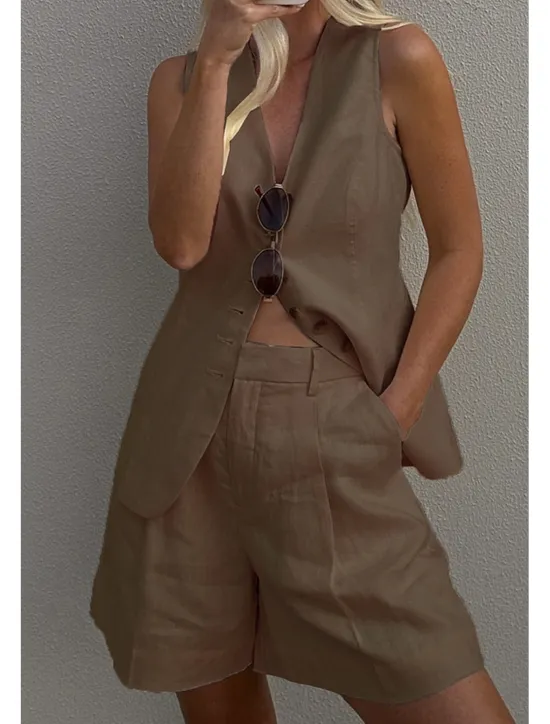Outlet Women's Active Basic Blouse Shorts Sets Sleeveless V Neck Solid Color Dubbele Rij Knopen Casual Daily Weekend Black White Brown Summer Regular Fit Women Two Piece Sets