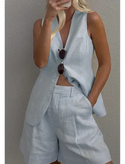 Outlet Women's Active Basic Blouse Shorts Sets Sleeveless V Neck Solid Color Dubbele Rij Knopen Casual Daily Weekend Black White Brown Summer Regular Fit Women Two Piece Sets