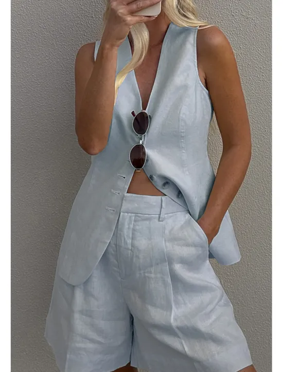 Outlet Women's Active Basic Blouse Shorts Sets Sleeveless V Neck Solid Color Dubbele Rij Knopen Casual Daily Weekend Black White Brown Summer Regular Fit Women Two Piece Sets