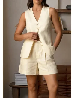 Outlet Women's Active Basic Blouse Shorts Sets Sleeveless V Neck Solid Color Dubbele Rij Knopen Casual Daily Weekend Black White Brown Summer Regular Fit Women Two Piece Sets