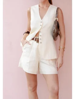 Outlet Women's Active Basic Blouse Shorts Sets Sleeveless V Neck Solid Color Dubbele Rij Knopen Casual Daily Weekend Black White Brown Summer Regular Fit Women Two Piece Sets