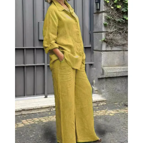New Women's Active Basic Cotton Linen Sets Long Sleeve Shirt Collar Solid Color Casual Daily Black White Yellow Summer Regular Fit Women Sets