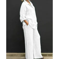 New Women's Active Basic Cotton Linen Sets Long Sleeve Shirt Collar Solid Color Casual Daily Black White Yellow Summer Regular Fit Women Sets