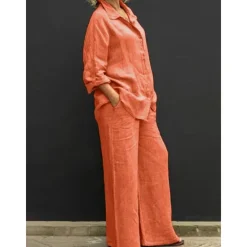 New Women's Active Basic Cotton Linen Sets Long Sleeve Shirt Collar Solid Color Casual Daily Black White Yellow Summer Regular Fit Women Sets