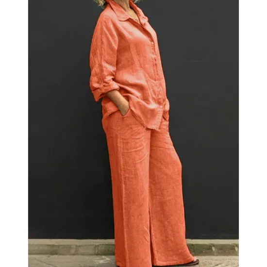 New Women's Active Basic Cotton Linen Sets Long Sleeve Shirt Collar Solid Color Casual Daily Black White Yellow Summer Regular Fit Women Sets