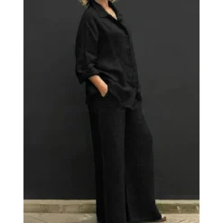 New Women's Active Basic Cotton Linen Sets Long Sleeve Shirt Collar Solid Color Casual Daily Black White Yellow Summer Regular Fit Women Sets