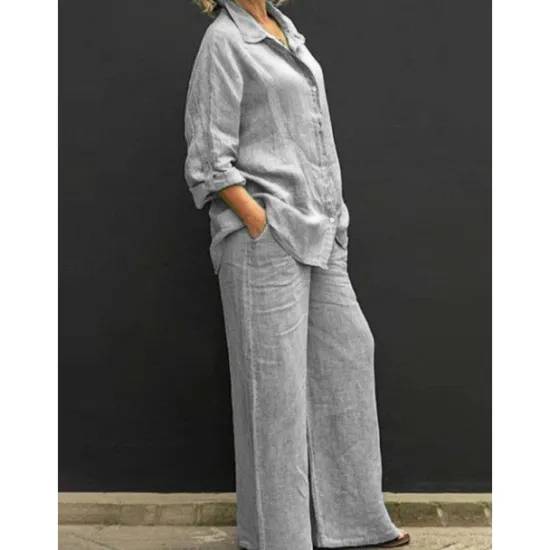 New Women's Active Basic Cotton Linen Sets Long Sleeve Shirt Collar Solid Color Casual Daily Black White Yellow Summer Regular Fit Women Sets