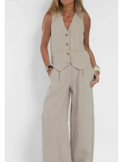 Clearance Women's Active Basic Linen-Inspired Sets Two Piece Sets Blouse Sleeveless V Neck Solid Color Dubbele Rij Knopen Vacation Casual Daily Black White Wine Summer Regular Fit Women Sets