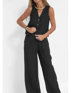 Clearance Women's Active Basic Linen-Inspired Sets Two Piece Sets Blouse Sleeveless V Neck Solid Color Dubbele Rij Knopen Vacation Casual Daily Black White Wine Summer Regular Fit Women Sets