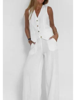 Clearance Women's Active Basic Linen-Inspired Sets Two Piece Sets Blouse Sleeveless V Neck Solid Color Dubbele Rij Knopen Vacation Casual Daily Black White Wine Summer Regular Fit Women Sets