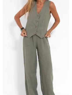 Clearance Women's Active Basic Linen-Inspired Sets Two Piece Sets Blouse Sleeveless V Neck Solid Color Dubbele Rij Knopen Vacation Casual Daily Black White Wine Summer Regular Fit Women Sets