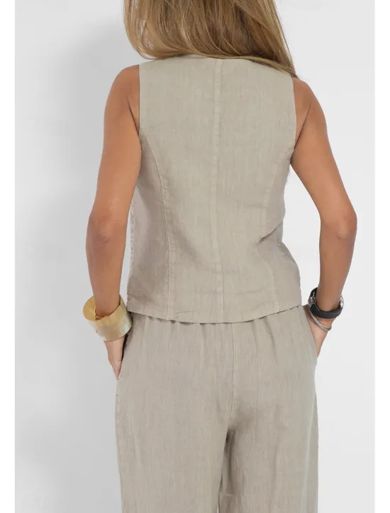 Clearance Women's Active Basic Linen-Inspired Sets Two Piece Sets Blouse Sleeveless V Neck Solid Color Dubbele Rij Knopen Vacation Casual Daily Black White Wine Summer Regular Fit Women Sets