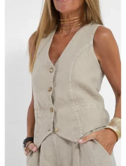 Clearance Women's Active Basic Linen-Inspired Sets Two Piece Sets Blouse Sleeveless V Neck Solid Color Dubbele Rij Knopen Vacation Casual Daily Black White Wine Summer Regular Fit Women Sets