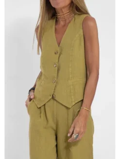 Clearance Women's Active Basic Linen-Inspired Sets Two Piece Sets Blouse Sleeveless V Neck Solid Color Dubbele Rij Knopen Vacation Casual Daily Black White Wine Summer Regular Fit Women Sets