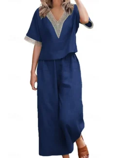 Outlet Women's Active Basic Linen-Inspired Sets Two Piece Sets Blouse Half Sleeve V Neck Solid Color Patchwork Holiday Dark Grey Black Dark Navy Summer Regular Fit Women Sets
