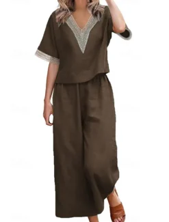 Outlet Women's Active Basic Linen-Inspired Sets Two Piece Sets Blouse Half Sleeve V Neck Solid Color Patchwork Holiday Dark Grey Black Dark Navy Summer Regular Fit Women Sets