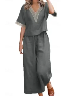 Outlet Women's Active Basic Linen-Inspired Sets Two Piece Sets Blouse Half Sleeve V Neck Solid Color Patchwork Holiday Dark Grey Black Dark Navy Summer Regular Fit Women Sets