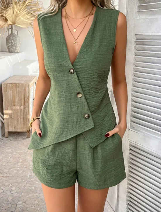 Online Women's Active Basic Linen-Inspired Sets Two Piece Sets Vest Sleeveless V Neck Solid Color Casual Daily Black Red Green Summer Regular Fit Women Sets
