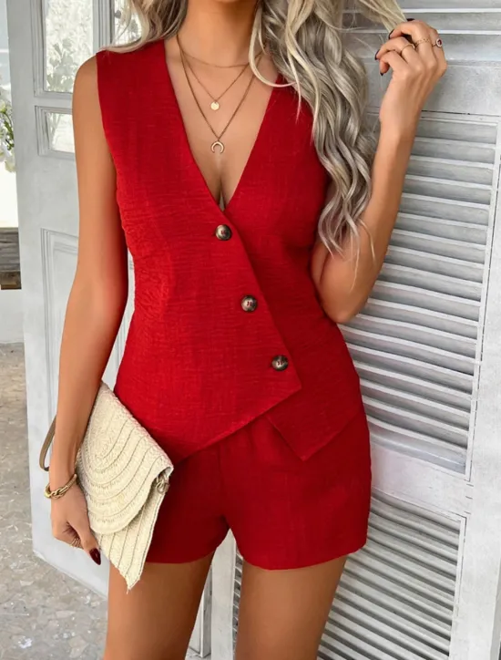 Online Women's Active Basic Linen-Inspired Sets Two Piece Sets Vest Sleeveless V Neck Solid Color Casual Daily Black Red Green Summer Regular Fit Women Sets