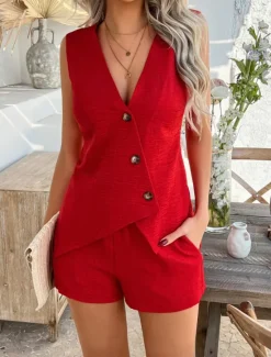 Online Women's Active Basic Linen-Inspired Sets Two Piece Sets Vest Sleeveless V Neck Solid Color Casual Daily Black Red Green Summer Regular Fit Women Sets