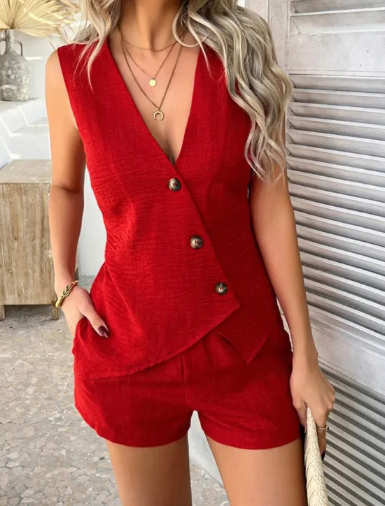 Online Women's Active Basic Linen-Inspired Sets Two Piece Sets Vest Sleeveless V Neck Solid Color Casual Daily Black Red Green Summer Regular Fit Women Sets