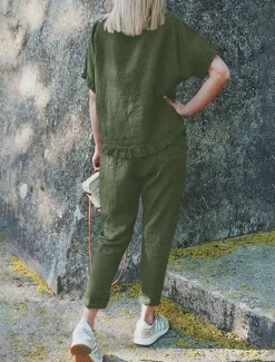 Clearance Women's Active Basic Linen-Inspired Sets Two Piece Sets Blouse Short Sleeve Crew Neck Solid Color Drawstring Vacation Casual Daily Black Army Green Red Summer Regular Fit Women Sets
