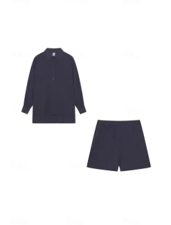 New Women's Active Basic Shirt Shorts Sets Long Sleeve Shirt Collar Solid Color Dubbele Rij Knopen Holiday Casual Daily Black White Yellow Summer Regular Fit Women Two Piece Sets