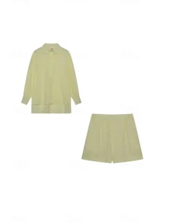 New Women's Active Basic Shirt Shorts Sets Long Sleeve Shirt Collar Solid Color Dubbele Rij Knopen Holiday Casual Daily Black White Yellow Summer Regular Fit Women Two Piece Sets