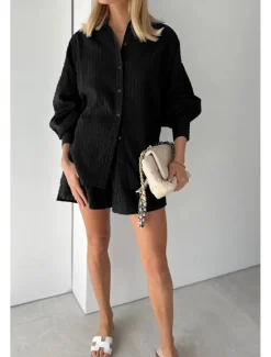 New Women's Active Basic Shirt Shorts Sets Long Sleeve Shirt Collar Solid Color Dubbele Rij Knopen Holiday Casual Daily Black White Yellow Summer Regular Fit Women Two Piece Sets