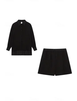 New Women's Active Basic Shirt Shorts Sets Long Sleeve Shirt Collar Solid Color Dubbele Rij Knopen Holiday Casual Daily Black White Yellow Summer Regular Fit Women Two Piece Sets