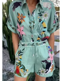Outlet Women's Active Basic Shirt Linen-Inspired Sets Two Piece Sets Short Sleeve Shirt Collar Floral Print Holiday Casual Daily Weekend Summer Regular Fit Women Two Piece Sets|Sets